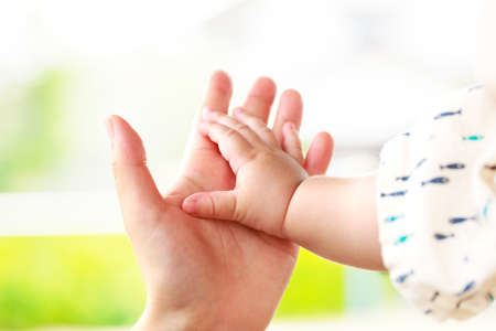 Family scene , close up parent and baby holding hands together and green and whier background with copy space.の写真素材