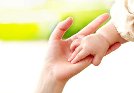 Family scene , close up parent and baby holding hands together and green and white background with copy space.の写真素材