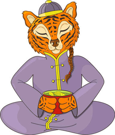 A tiger in national Chinese clothes makes a wish to a goldfishのイラスト素材