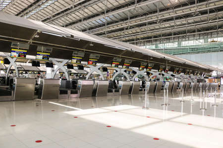 Bangkok, Thailand - May 20, 2020 : Empty check-in counters of departure floor at Suvarnabhumi...