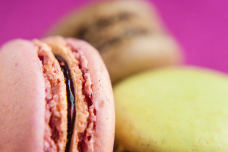 Pink strawberry french macaroon blurred background closeupの写真素材