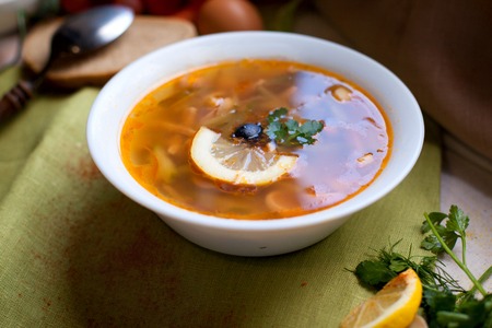 Solyanka russian soup with meat and olivesの写真素材