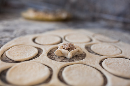 Raw homemade russian food - dumpling. Their in flower and have form of star. Pork, chicken...