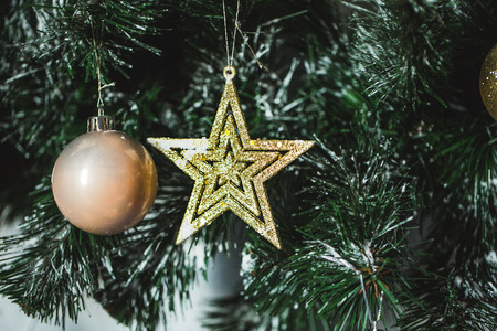 Sigh symbol Christmas Tree with lace and red New Year star toy on old retro vintage style wooden texture background Empty copy space for inscription Idea of merry new year 2017 holidayの写真素材