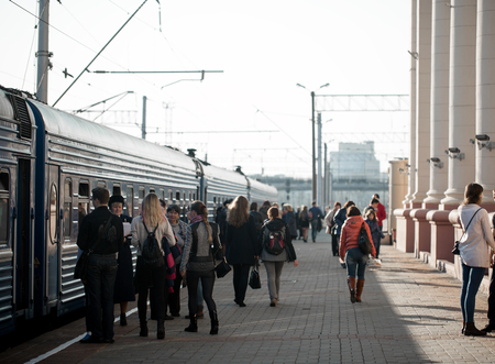 Minsk, April 2017. Railway station in the city with Silhouettes of running people.のeditorial素材