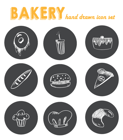 Hand Drawn Bakery icon set. blackboard Sticker with chalk design. vector illustrationのイラスト素材