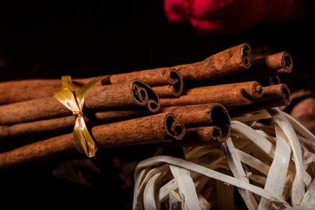 Ground cinnamon, cinnamon sticks, connected with a tray with a bow on a color background in a rustic style. Macro photo with selective focus. Close up food concept. Vintage toning. Retro style.の写真素材
