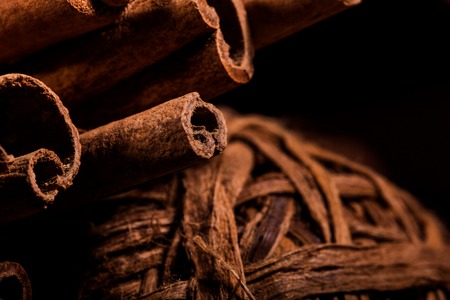 Ground cinnamon, cinnamon sticks, connected with a tray with a bow on a color background in a rustic style. Macro photo with selective focus. Close up food concept. Vintage toning. Retro style.の写真素材