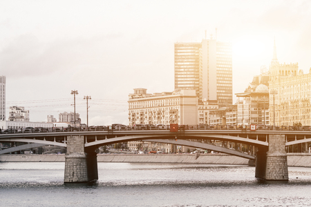 RUSSIA, MOSCOW, OCTOBER 13, 2017: Cityscape of the city. Summer season. Editorial image. Retro style image with glare of lightのeditorial素材