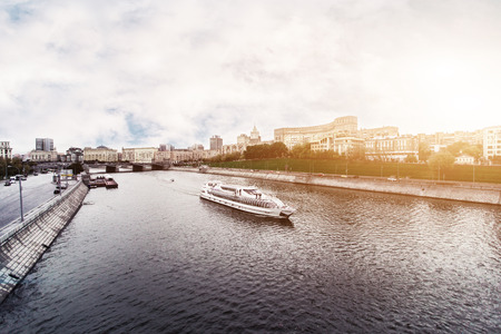 RUSSIA, MOSCOW, OCTOBER 13, 2017: Cityscape of the city. Summer season. Editorial image. Retro style image with glare of lightのeditorial素材