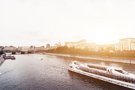 RUSSIA, MOSCOW, OCTOBER 13, 2017: Cityscape of the city. Summer season. Editorial image. Retro style image with glare of lightのeditorial素材