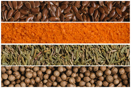Collage of various spice seeds. Flax and breadcrumbs, rosemary and coriander. Macro photography.の写真素材