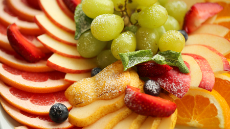 Healthy food. Close up food image of assorted fruits. Macro photography of strawberryの写真素材