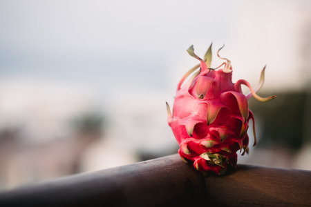 Close up food image of dragon fruit. Travel inspiration photo with a small depth of field. Blur background with copyspace for design.の写真素材
