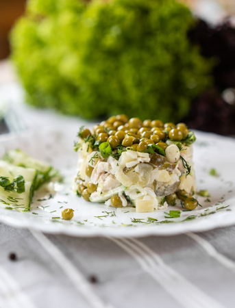 Russian National food. Traditional salad Olivie. Eating concept. Bright green background for text and design.の写真素材