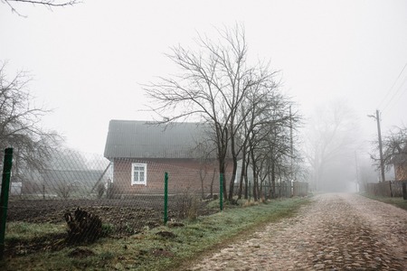 The road goes into the distance. Landscape in village. Mystical view of nature. Horror background. Halloween concept.の写真素材