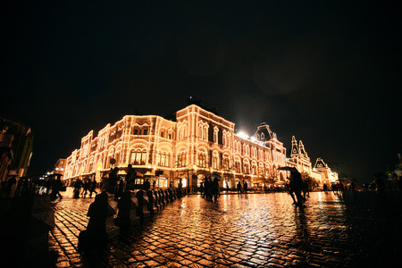 RUSSIA, MOSCOW, OCTOBER 13, 2017: Night scene of GUM department store. Editorial image in retro styleのeditorial素材