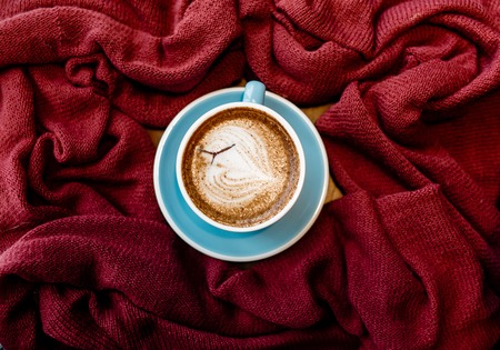 Vintage background of coffee. Food photography for design. Latte art on cup.の写真素材