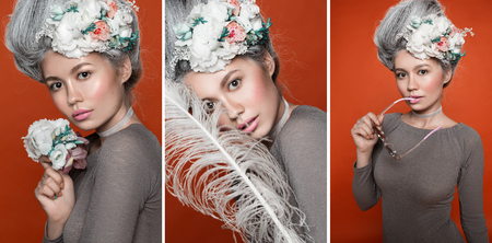 Close up beauty portrait in barocco style. Collage of three photos. Fashion bright pink studio background. Fashion bright pink studio background.の写真素材