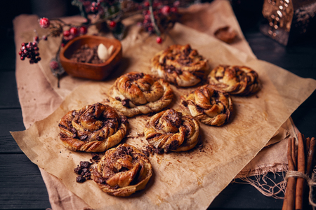 cinnabon with chocolate. Cake food concept photo. Close up view.の写真素材