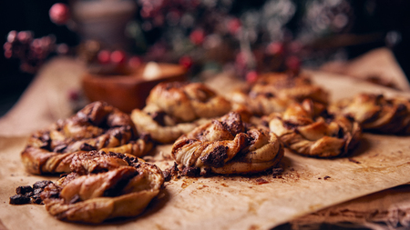 cinnabon with chocolate. Cake food concept photo. Close up view.の写真素材