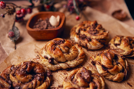 cinnabon with chocolate. Cake food concept photo. Close up view.の写真素材