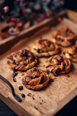 cinnabon with chocolate. Cake food concept photo. Close up view.の写真素材