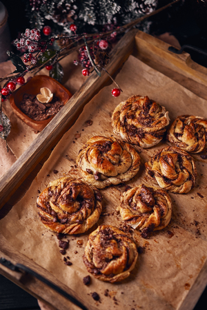 cinnabon with chocolate. Cake food concept photoの写真素材