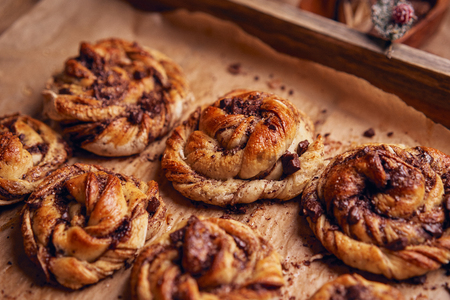 cinnabon with chocolate. Cake food concept photo. Close up view.の写真素材