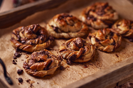 cinnabon with chocolate. Cake food concept photo. Close up view.の写真素材