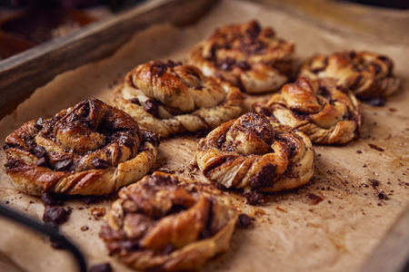 cinnabon with chocolate. Cake food concept photo. Close up view.の写真素材