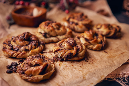 cinnabon with chocolate. Cake food concept photo. Close up view.の写真素材