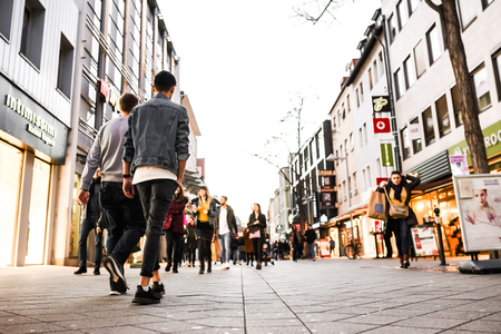 Nurmberg, GERMANY - February 27, 2019: Crowd of people walking on th shopping street.のeditorial素材