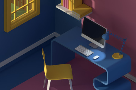 3D render.Isometric view of interior in minimalistic modern cartoon style.Room in evening sunlight. with chair, table, lamp, window and bookshelf.Colorful yellow,blue, pink mock up 3d Scene rendering.の写真素材