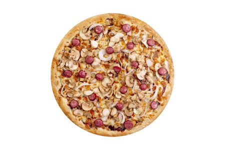 Pizza isolated on white background.Hot fast food with cheese, bavarian chiken, onion. Food Image for menu card, web design, site, shop or delivery. High quality retouch and isolation.の写真素材