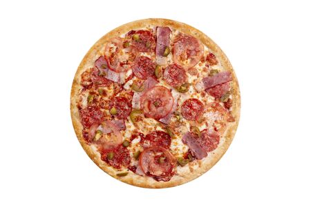 Pizza isolated on white background.Hot fast food with cheese, tomatoes and jalapenos. Food Image for menu card, web design, site, shop or delivery. High quality retouch and isolation.の写真素材