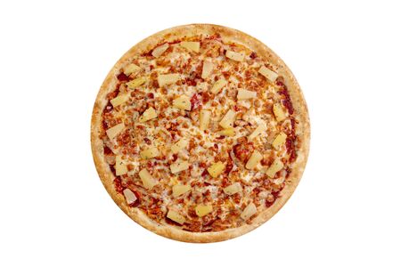 Sweet Pizza isolated on white background.Hot fast food with pineapple, chicken and cheese. Food Image for menu card, web design, site, shop or delivery. High quality retouch and isolation.の写真素材