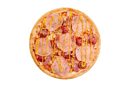 Pizza isolated on white background.Hot fast food with cheese, ham and mushrooms. Food Image for menu card, web design, site, shop or delivery. High quality retouch and isolation.の写真素材