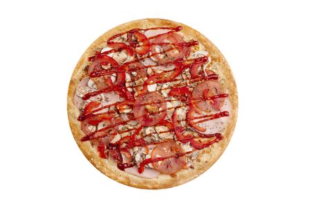 Pizza isolated on white background.Hot fast food with cheese, ham and mushrooms. Food Image for menu card, web design, site, shop or delivery. High quality retouch and isolation.の写真素材