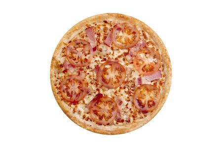 Pizza isolated on white background.Hot fast food with cheese, ham and mushrooms. Food Image for menu card, web design, site, shop or delivery. High quality retouch and isolation.の写真素材
