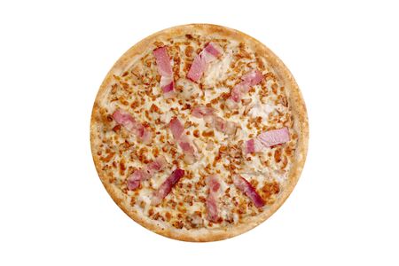 Pizza isolated on white background.Hot fast food with cheese, ham and mushrooms. Food Image for menu card, web design, site, shop or delivery. High quality retouch and isolation.の写真素材