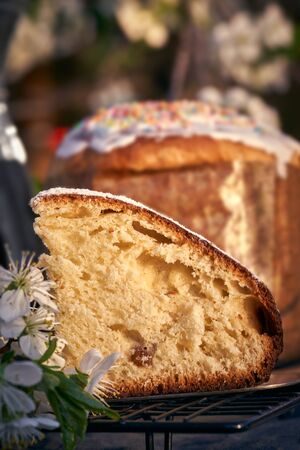 Traditional russian Easter cottage cheese dessert. Orthodox paskha, kulich cakes on table. Flowers bokeh background.の写真素材