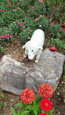 White sheep sculpture over rockの写真素材