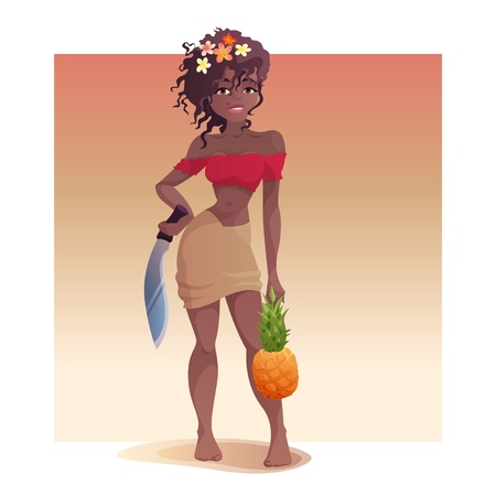 Girl with a pineapple and a machete is standing and looking at you.のイラスト素材