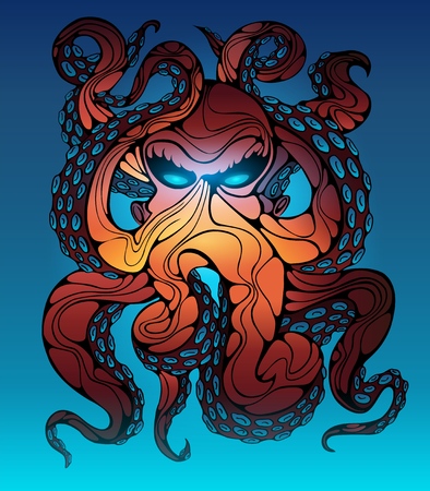 Deep-sea octopus. Vector illustration. Bright colors and light accentsのイラスト素材