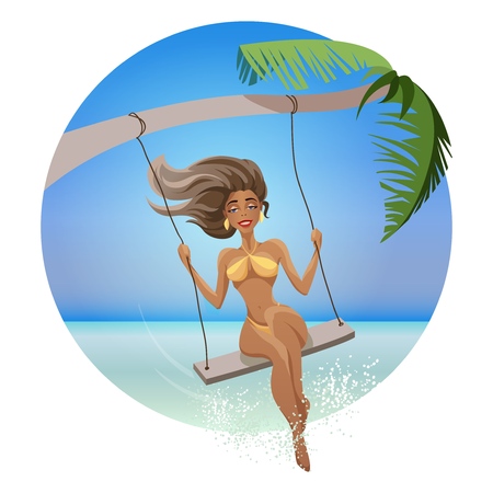 Beautiful girl under a palm tree rides on a swing. In the background blue ocean and beach. Hello summer and vacationのイラスト素材