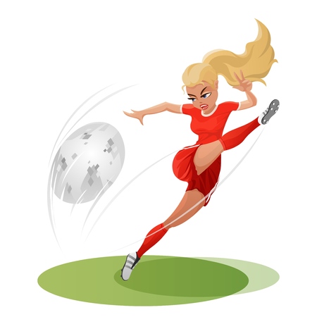 Soccer girl hitting the ball hard. Vector llustration. Beautiful women's footballのイラスト素材