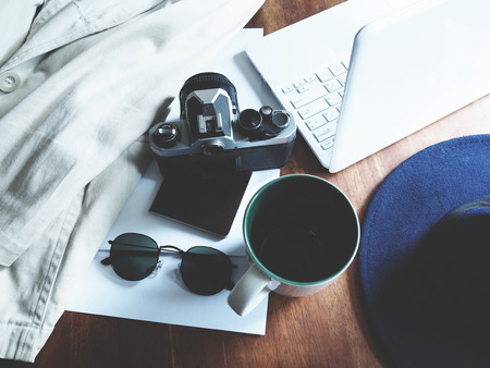 Work space with shirt, a hat and othersの写真素材