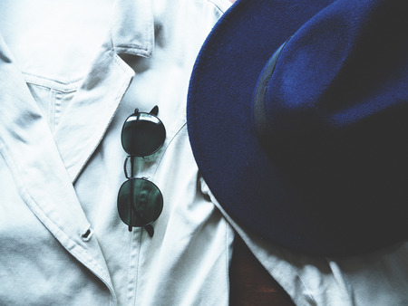 shirt and hat with a sunglassの写真素材