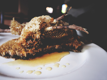 This is honeycomb and honey in white plate above the wooden,  soft toneの写真素材